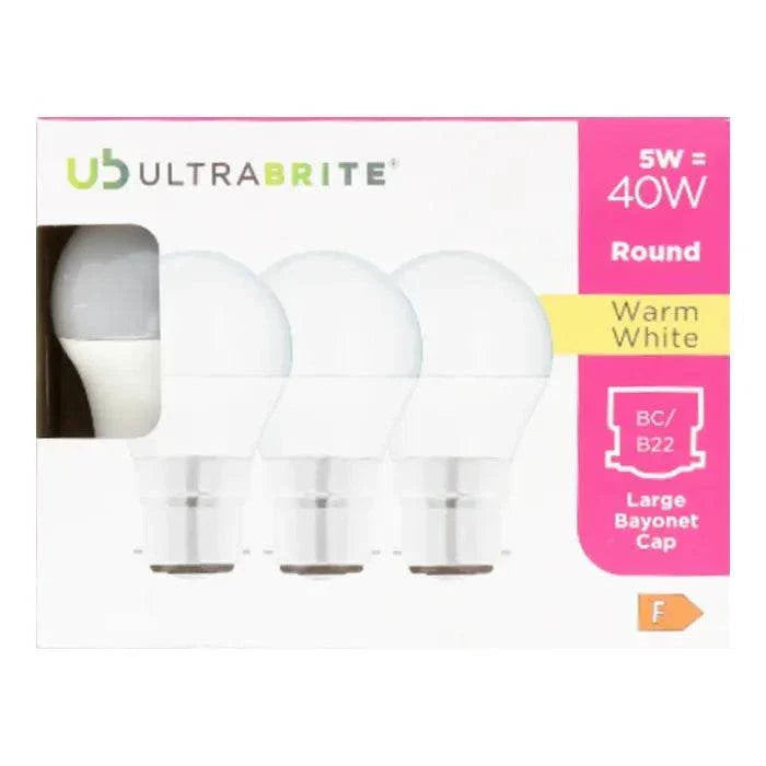 Ultrabrite Warm White 5W Electrek LED GLS Classic Bayonet Bulbs pack of 3