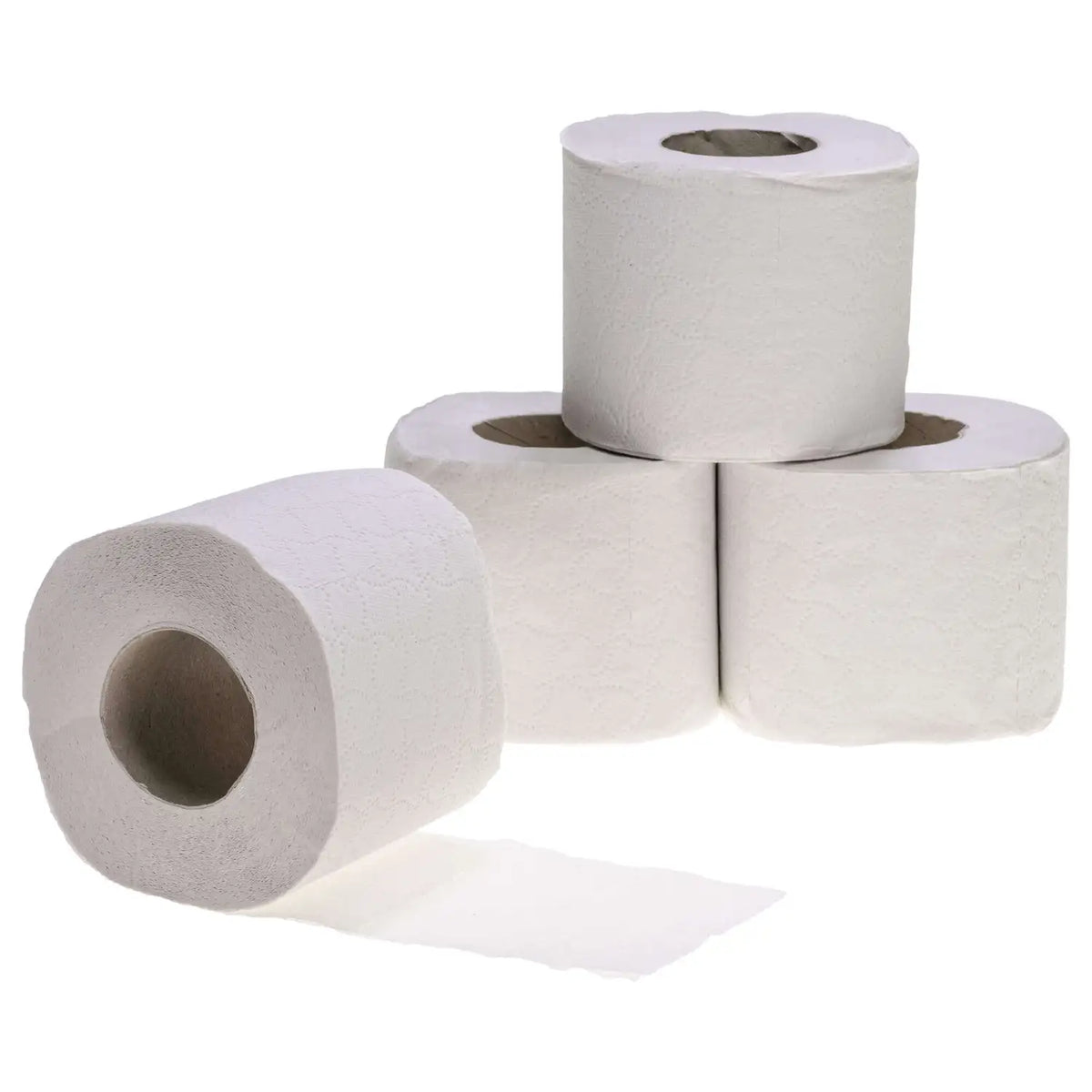 Four white toilet rolls on a white background, with one roll unrolled in front