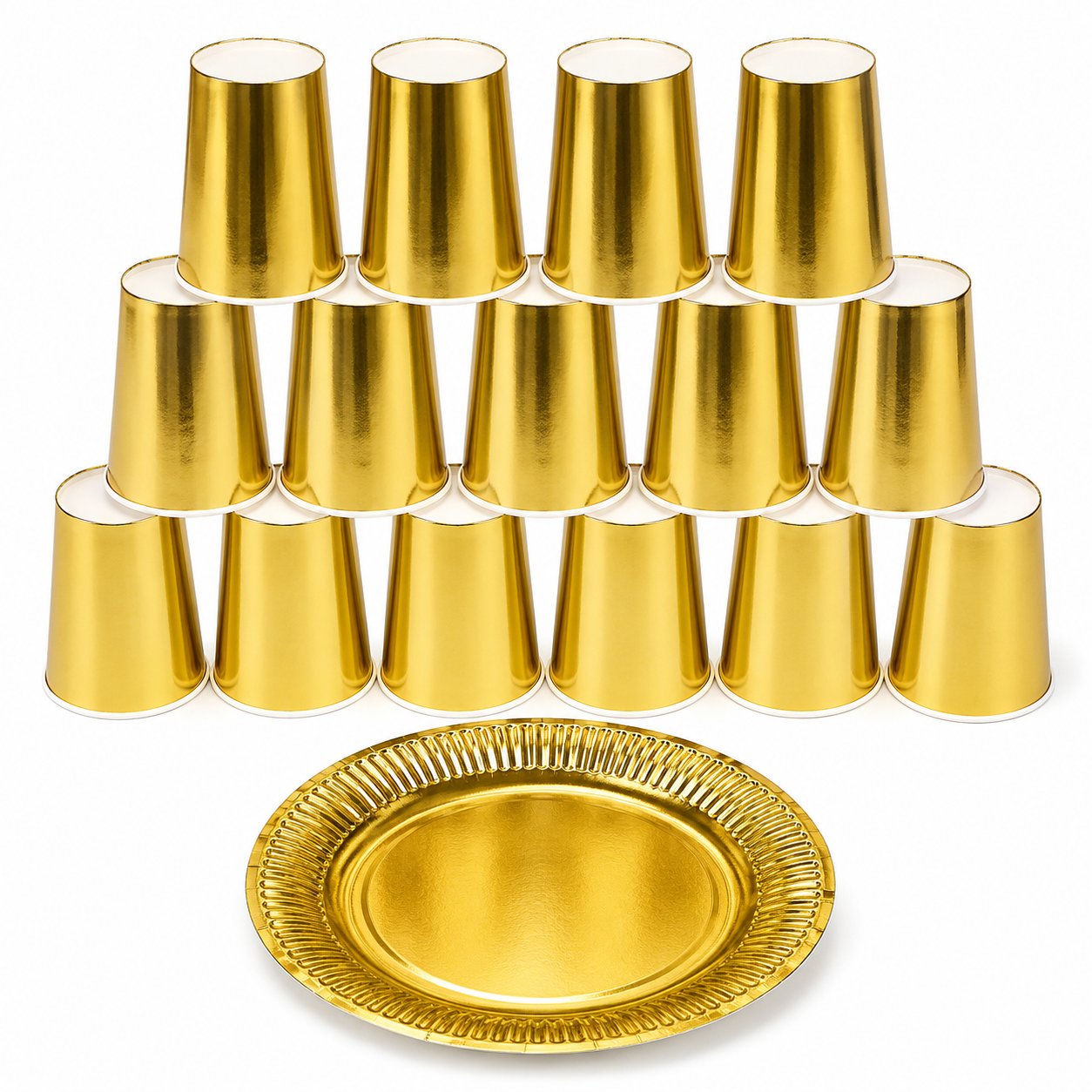 Gold Party Paper Plates and Cups – Set of 30 | Recyclable Disposable Tableware