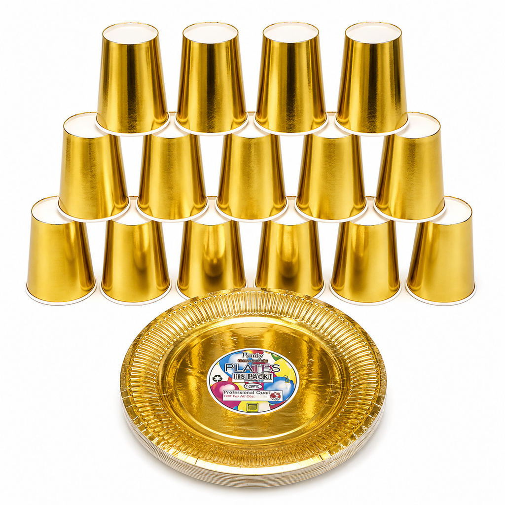 Gold Party Paper Plates and Cups – Set of 30 | Recyclable Disposable Tableware