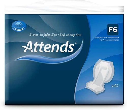Attends F6 faecal incontinence pads 40 pack with waterproof backing and full barrier leg cuffs