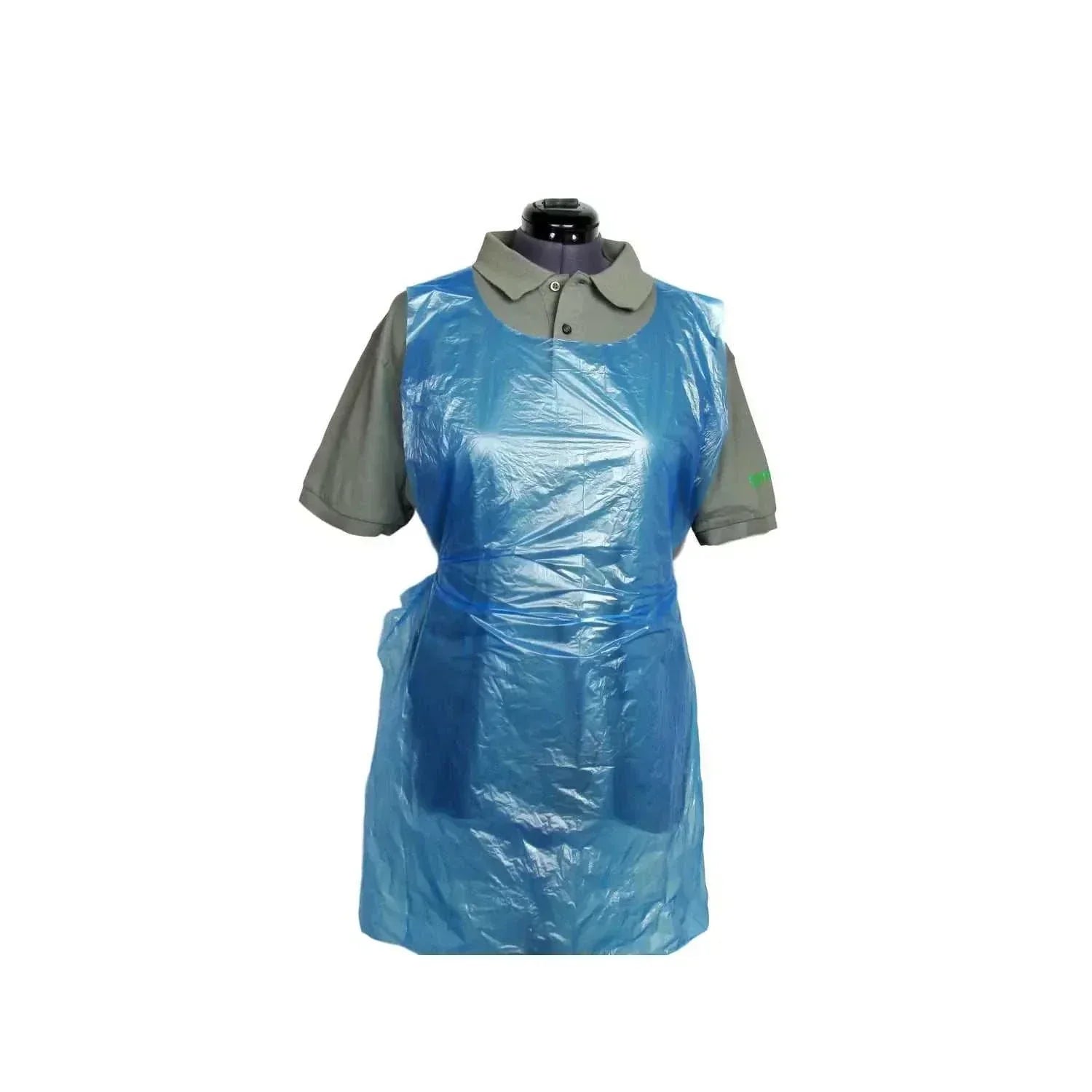 Pack of 100 blue disposable aprons with halter neck and waist ties, made from 10 micron polythene for bacterial protection and easy storage