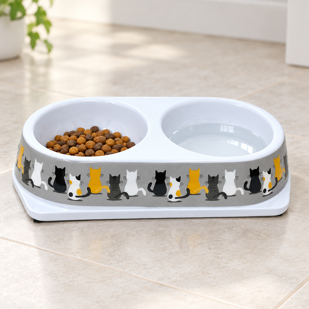 Cat bowl lifestyle image with food and water
