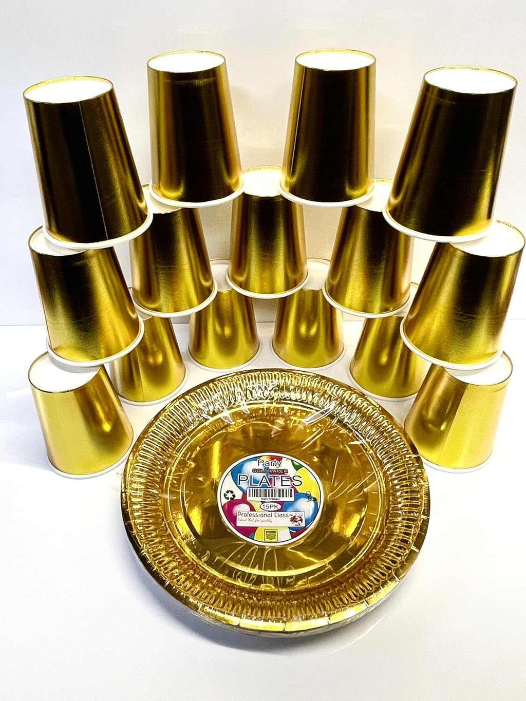 Set of 30 gold party paper plates and cups for celebrations