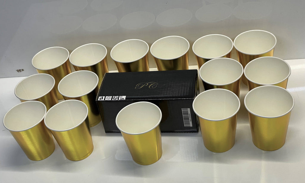 Gold Party Paper Cups pack of 15  Great for All Occasions Disposable Paper Party Cups- Ideal Birthdays ,weddings,Anniversaries Party Supplies - nappyworlduk