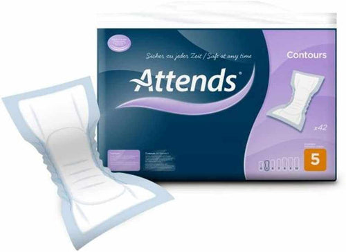 Attends Contours Regular anatomical pad pack of 42 with soft leg barriers and wetness indicator