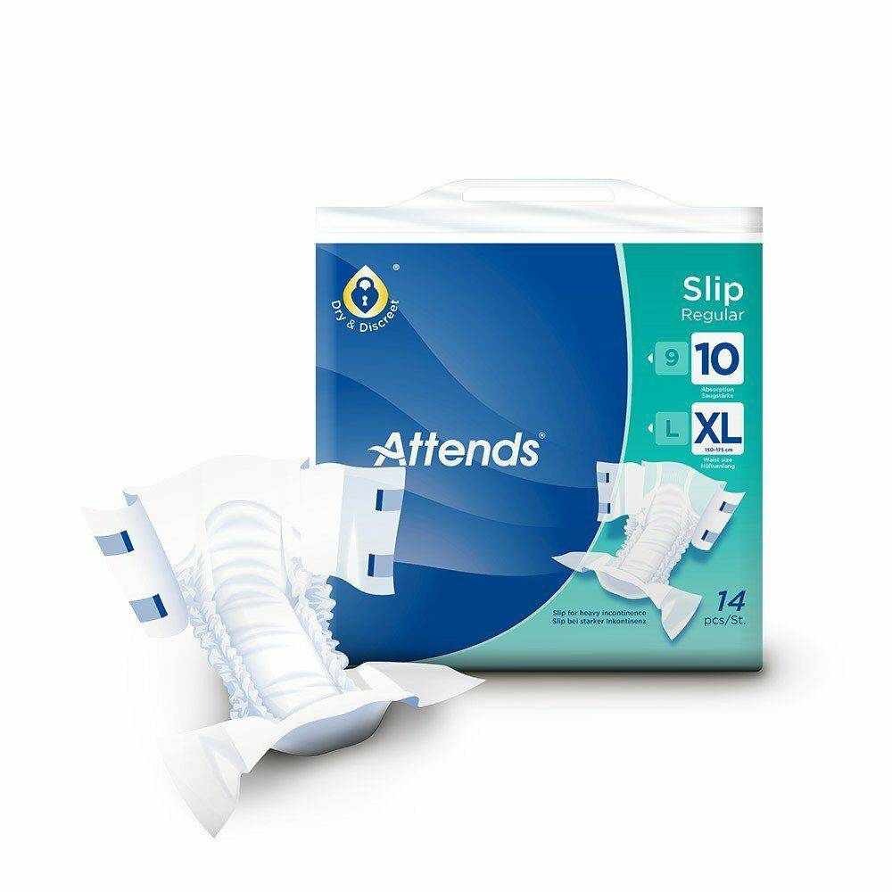 Attends Unisex Incontinence Pads Slip Regular pack with breathable, fast-absorbing pads and odor protection for heavy bladder and bowel incontinence in sizes S, M, L, XL