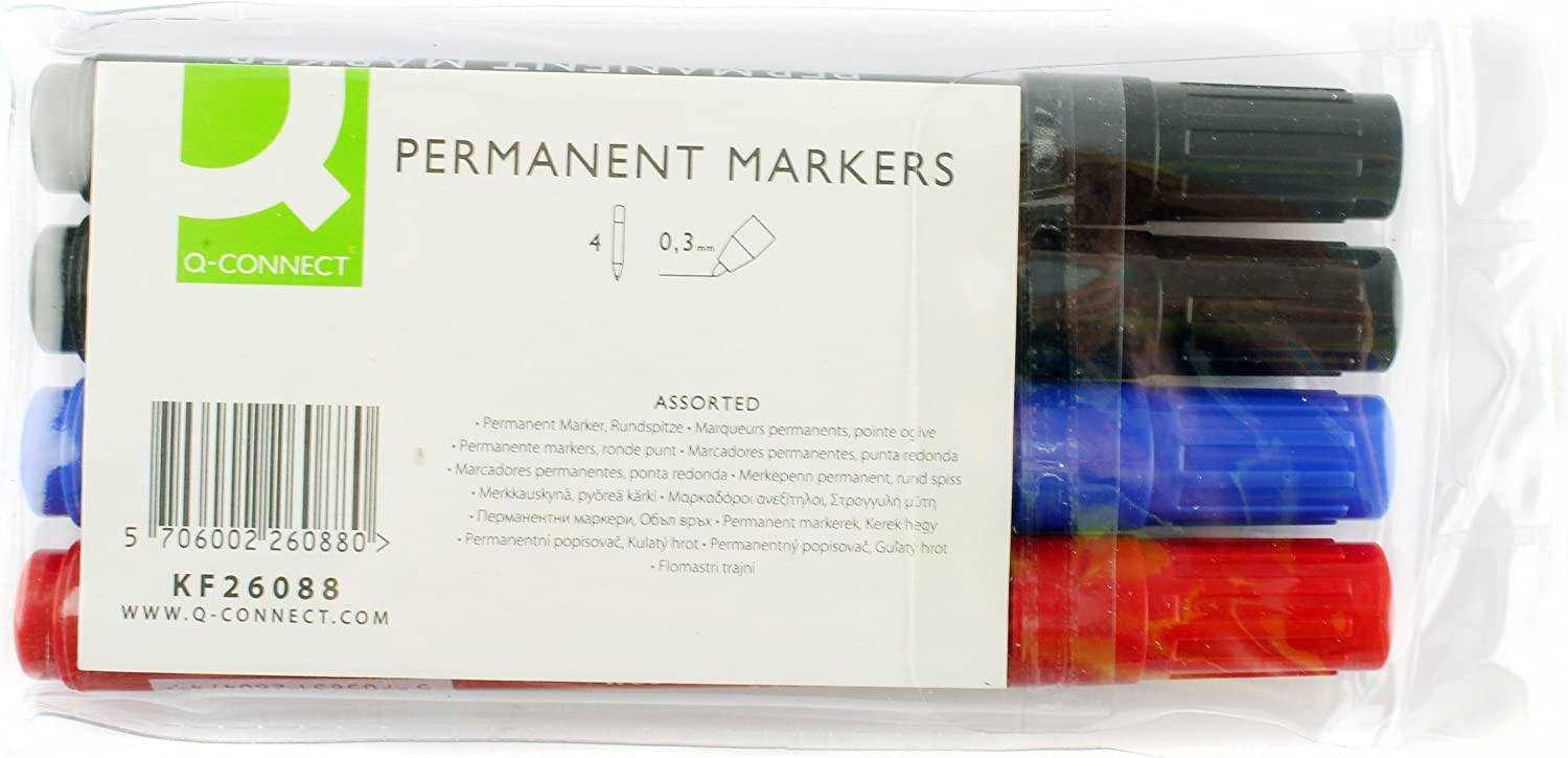 Q Connect assorted bullet tip permanent markers, wallet of 4, black blue red colors