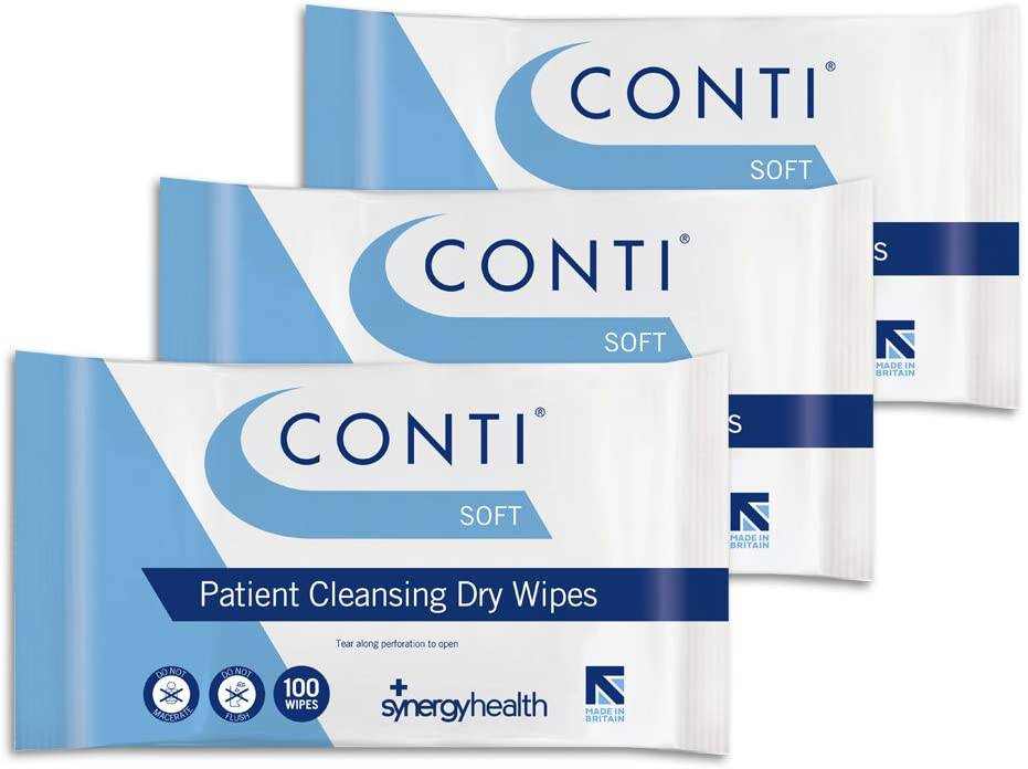 Synergy Health Conti Soft patient cleansing dry wipes 3 packs of 100 for sensitive skin and face cleaning