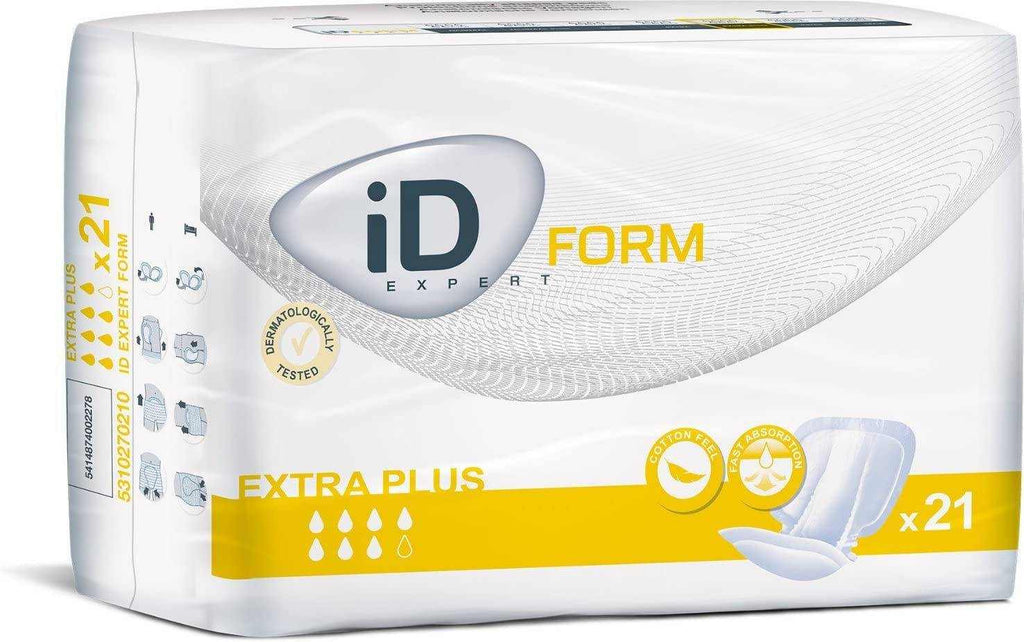 ID Expert Form Extra Plus shaped incontinence pads pack with 21 pads, dermatologically tested and latex-free