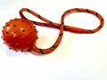 Ball on a rope dog toy with spiked non-toxic vinyl ball and sturdy orange rope suitable for all dogs