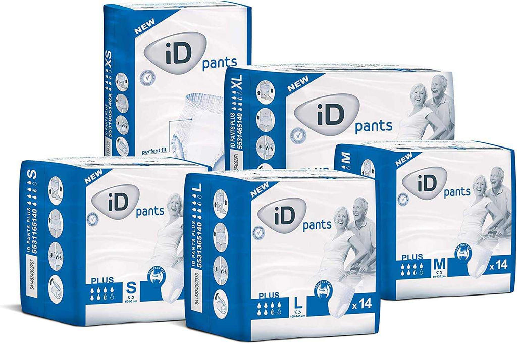 ID Expert Plus Disposable Incontinence Pads packaging in various sizes with 14 pads per pack for secure, comfortable, and odor-controlling protection