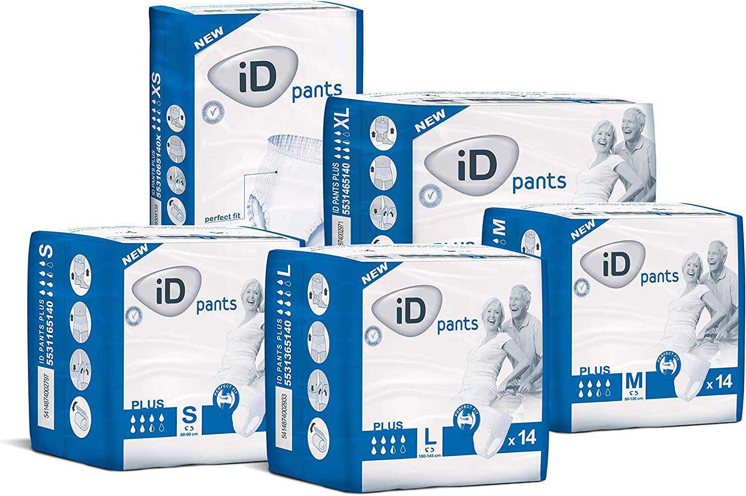 ID Expert Plus Disposable Incontinence Pads packaging in various sizes with 14 pads per pack for secure, comfortable, and odor-controlling protection