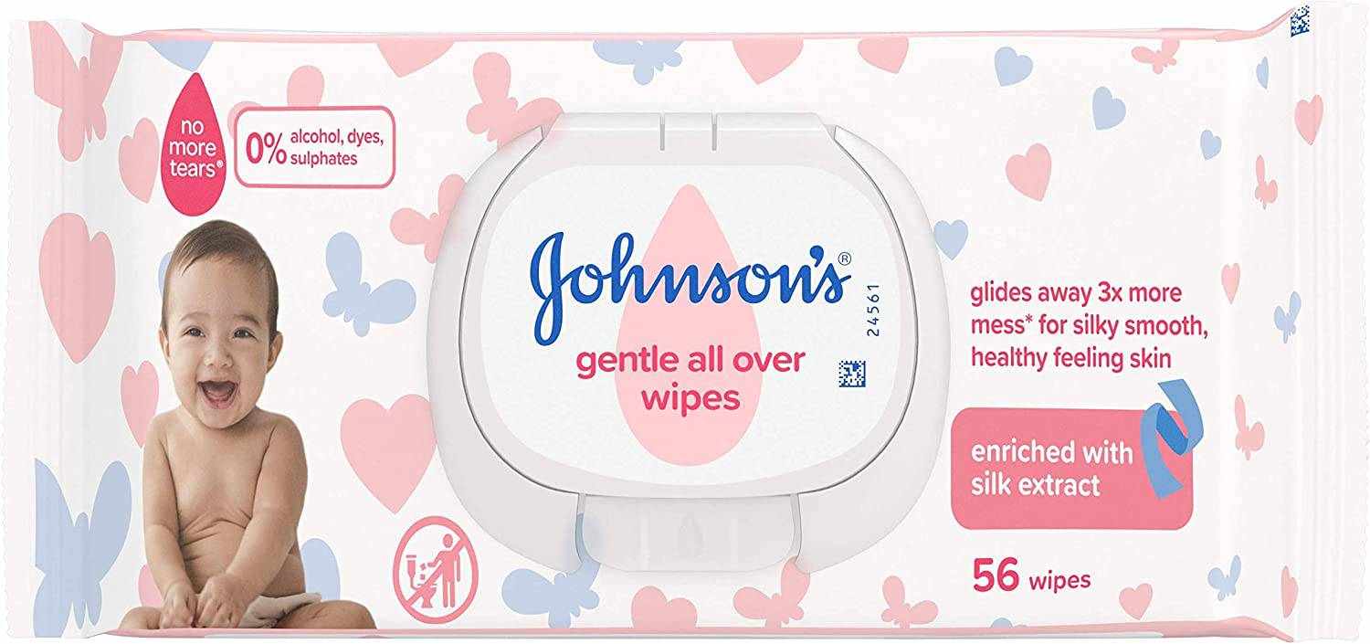 Johnson's Baby Gentle All Over Wipes 56 count pack with no tears formula and silk extract for delicate skin