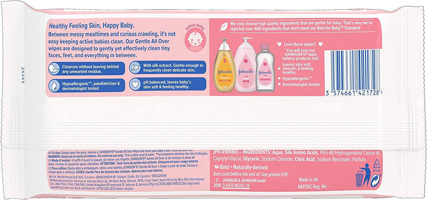 Johnson's Baby Gentle All Over Wipes other 56 Count (Pack of 1) - nappyworlduk