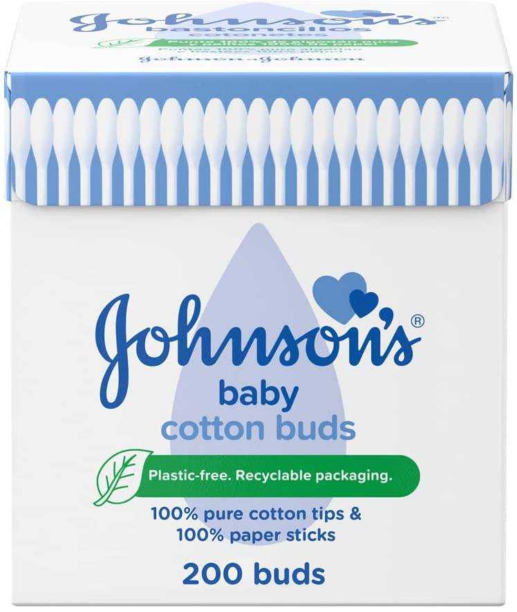 Johnson's Pure Cotton Buds 200 count box with 100% pure cotton tips and paper sticks in recyclable packaging