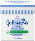 Johnson's Pure Cotton Buds 200 count box with 100% pure cotton tips and paper sticks in recyclable packaging