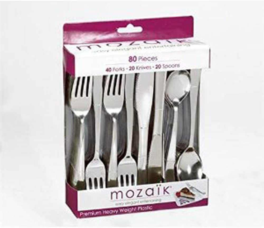 Mozaik Metallised Cutlery 80-piece mixed pack with forks knives and spoons in premium heavy weight plastic packaging