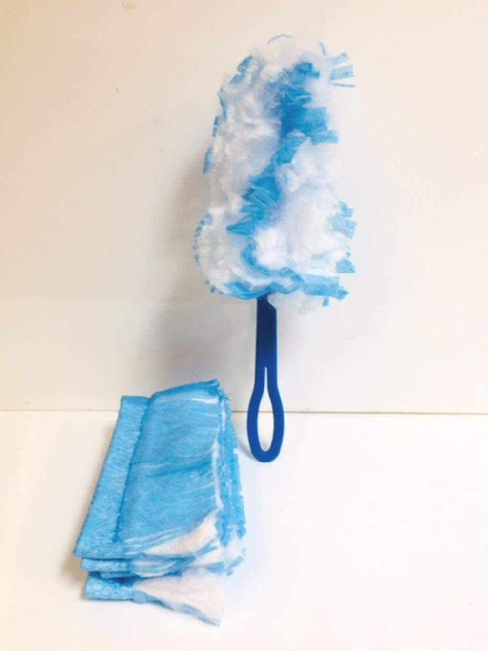 Microfibre duster with one blue handle and five disposable blue and white refill dusters for cleaning various surfaces