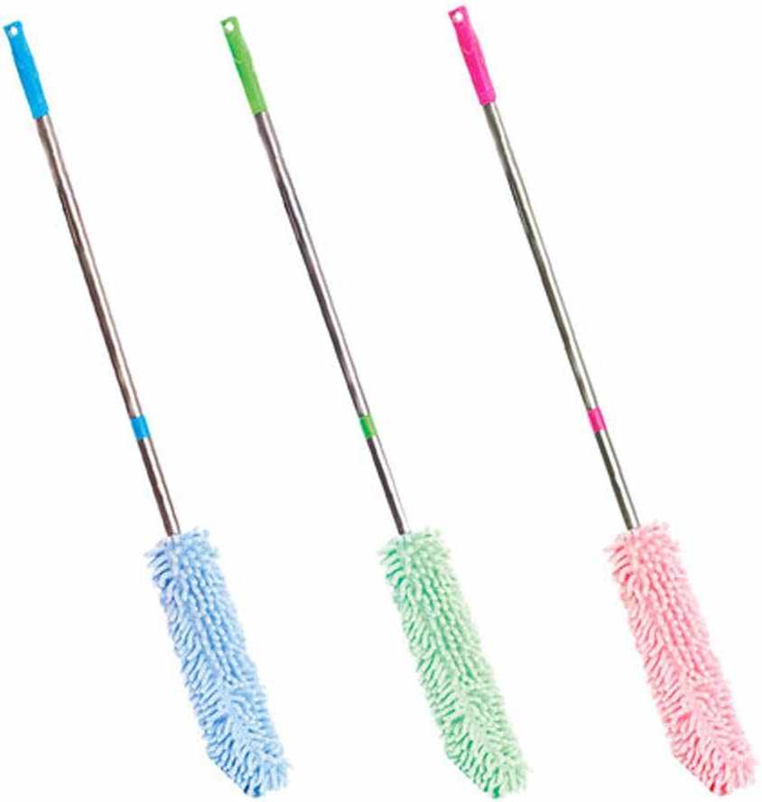 Three microfibre dusters with extendable handles in blue, green, and pink colors