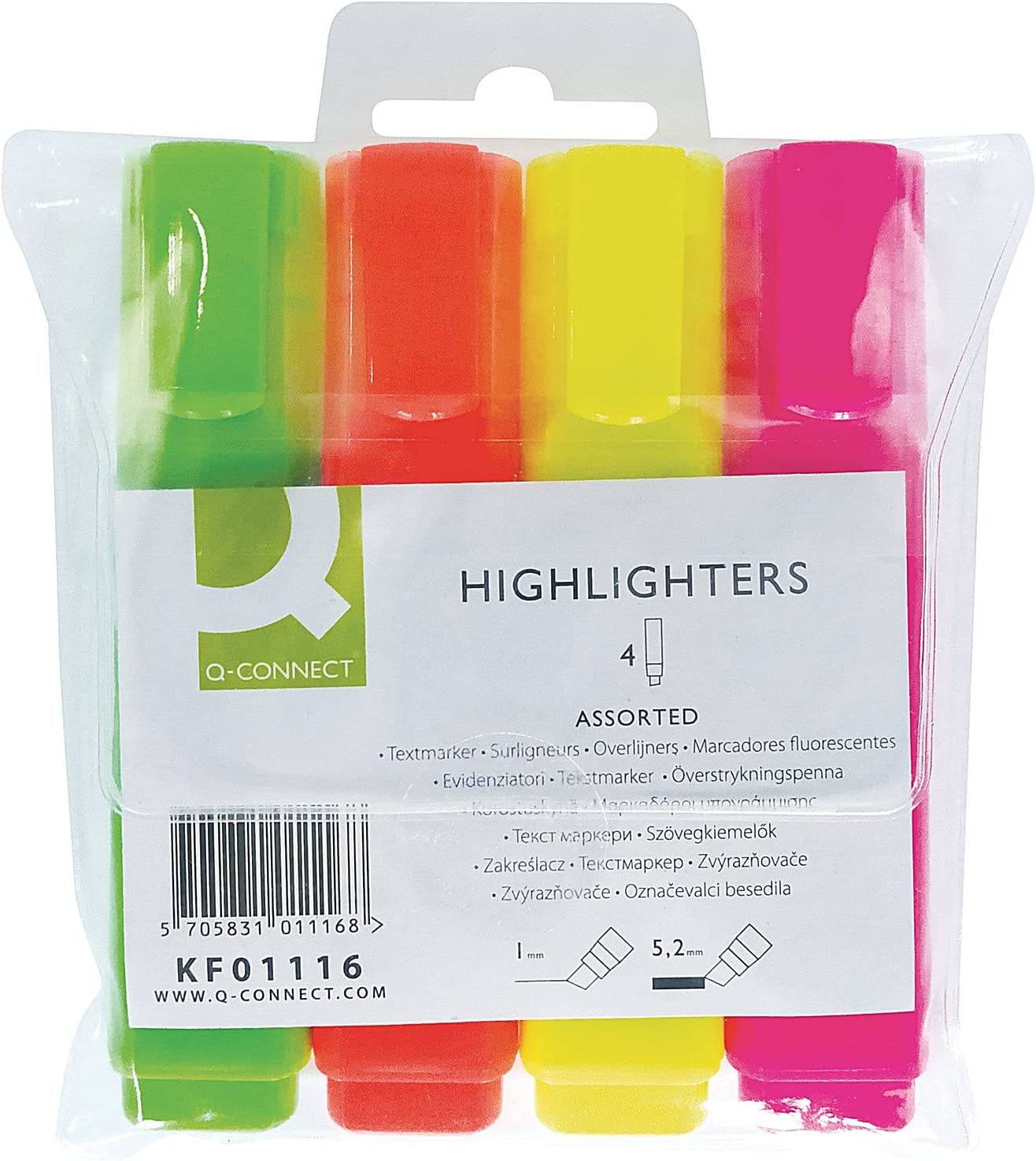 Q-Connect Highlighter Pens KF01116 - Assorted, Pack of 4 - nappyworlduk