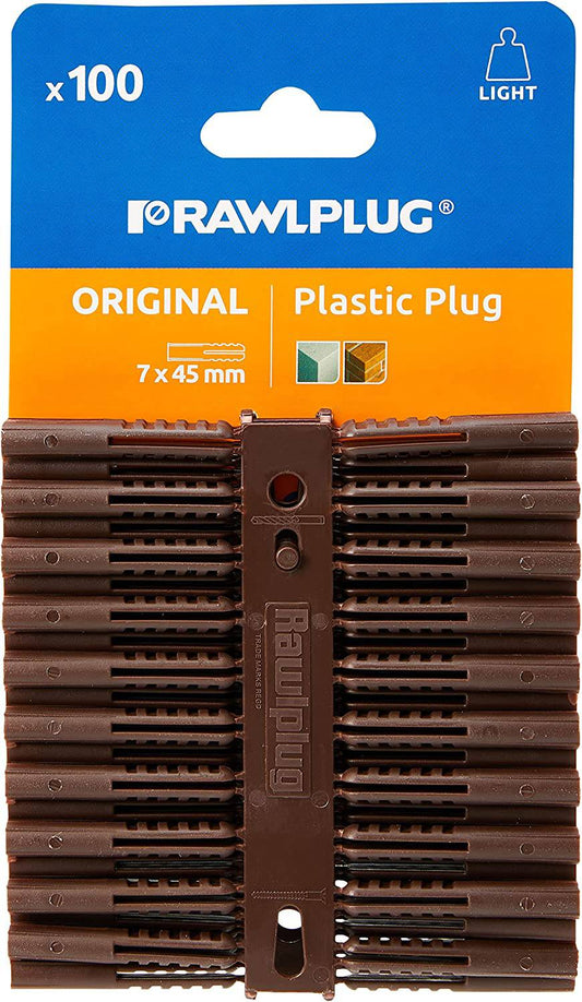 Rawlplug Plastic Plugs (100) Brown - (Screw Sizes 10-14) - nappyworlduk