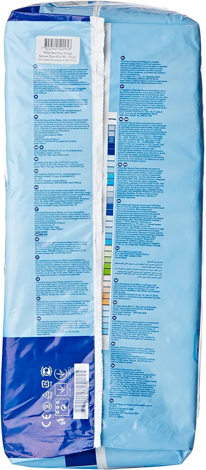 Tena Bed Plus Wings - 80 x 180cm, Pack of 20 Sheets - nappyworlduk