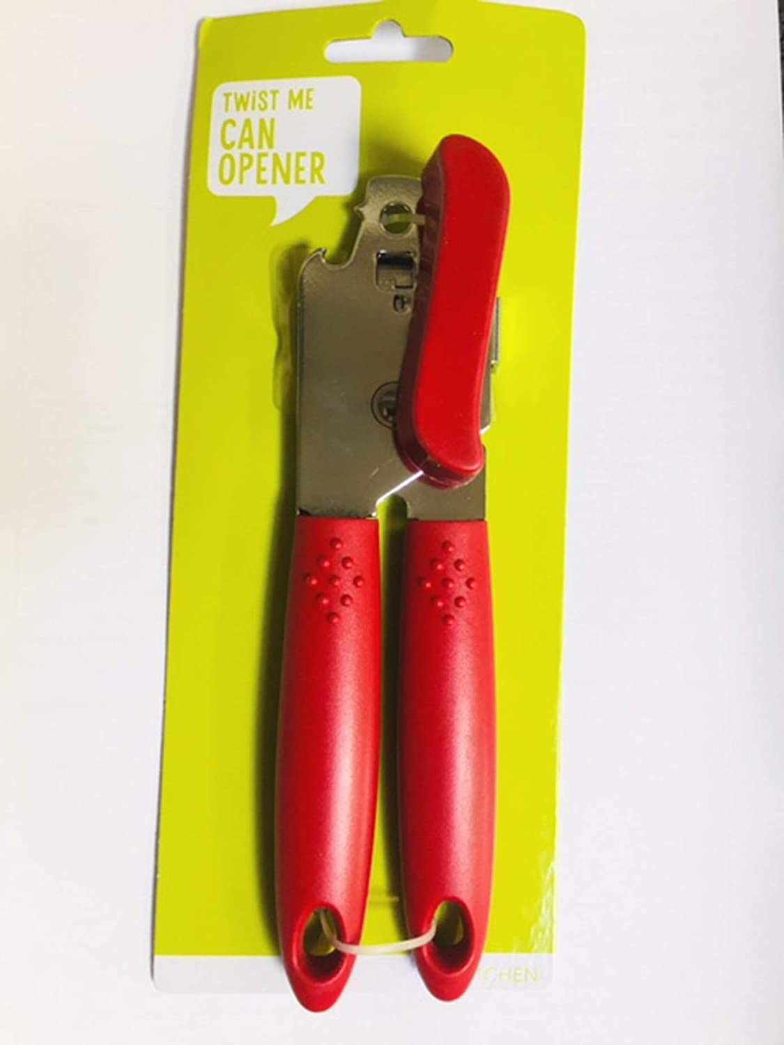 Manual tin opener with red ergonomic handles on yellow packaging labeled "Twist Me Can Opener"