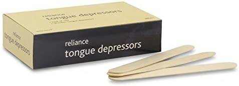 Reliance Medical wooden tongue depressors pack of 100 with two wooden depressors outside the box