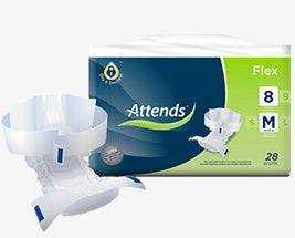 Attends Flex Size 8 incontinence pads with flexible belt and wetness indicator packaging