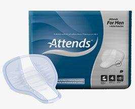 Attends for Men Level 4-pack of 14 in secure packaging with anatomically shaped drip shields for higher absorbency male incontinence.