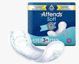 Attends Soft Pads incontinence product package with one soft pad displayed